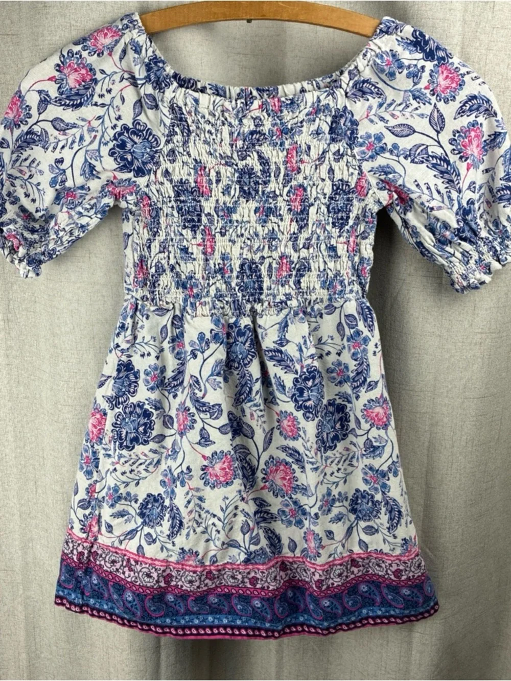 Old Navy Girls Floral Peasant Dress White Blue Pink Boho Prairie Cottage S 6-7